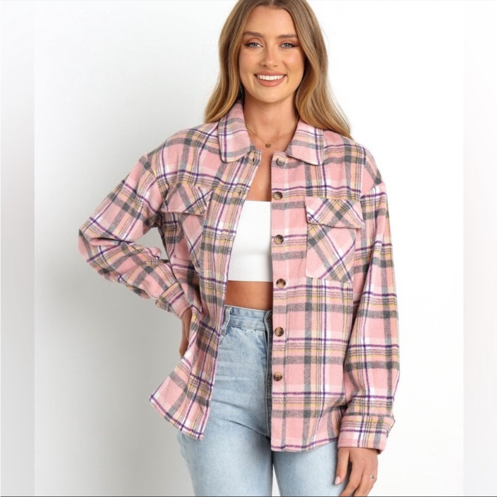 NEW Petal & Pup Pink Check Plaid Shacket Overshirt Size 4 Long Sleeve Button Up